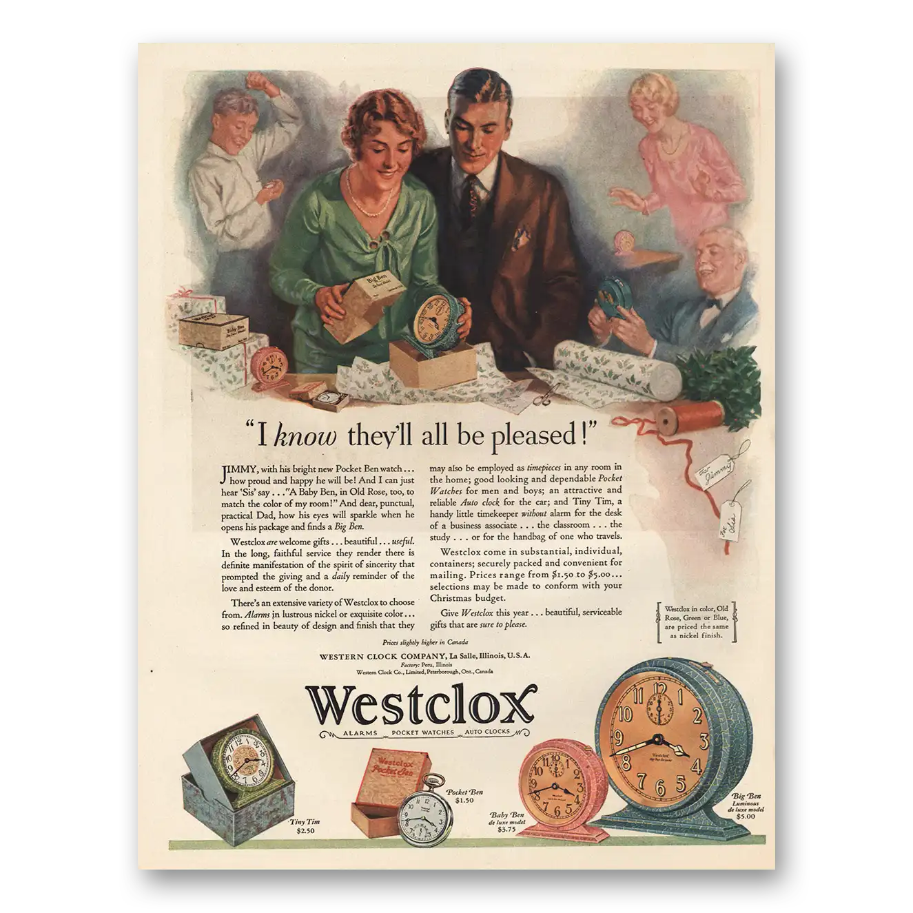 1929 Westclox I Know They’ll All Be Pleased Vintage Magazine Print Ad