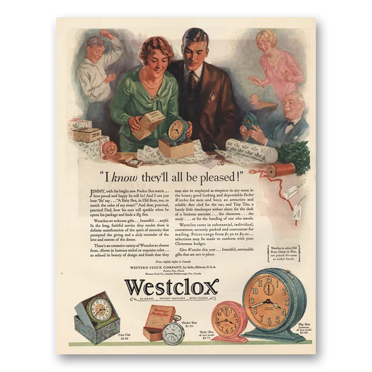 1929 Westclox I Know They’ll All Be Pleased Vintage Magazine Print Ad