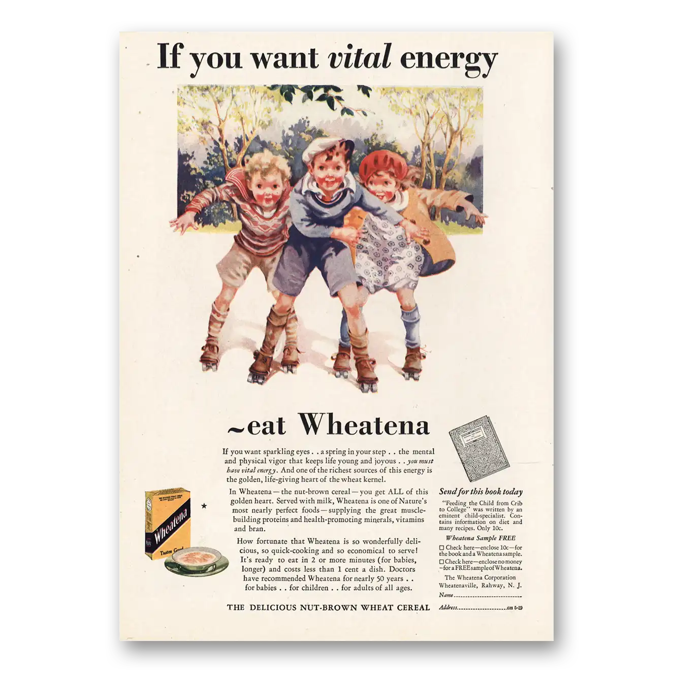 1929 Wheatena Cereal You Want Vital Energy Vintage Magazine Print Ad