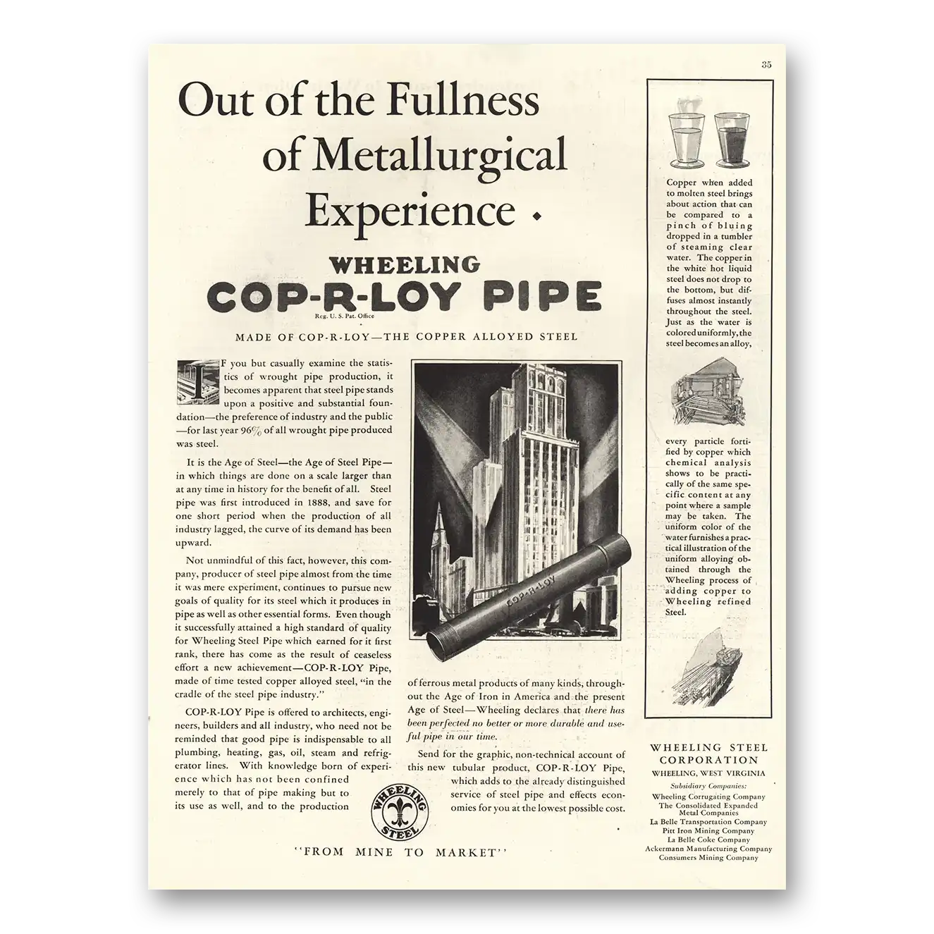 1929 Wheeling Steel Metallurgical Experience Cop R Loy Pipe Vintage Magazine Print Ad