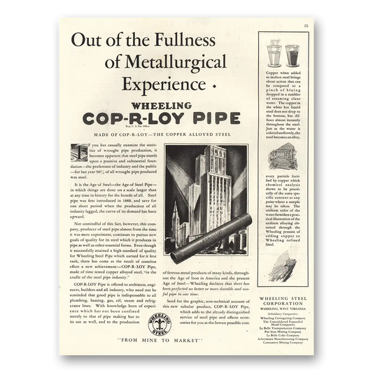 1929 Wheeling Steel Metallurgical Experience Cop R Loy Pipe Vintage Magazine Print Ad