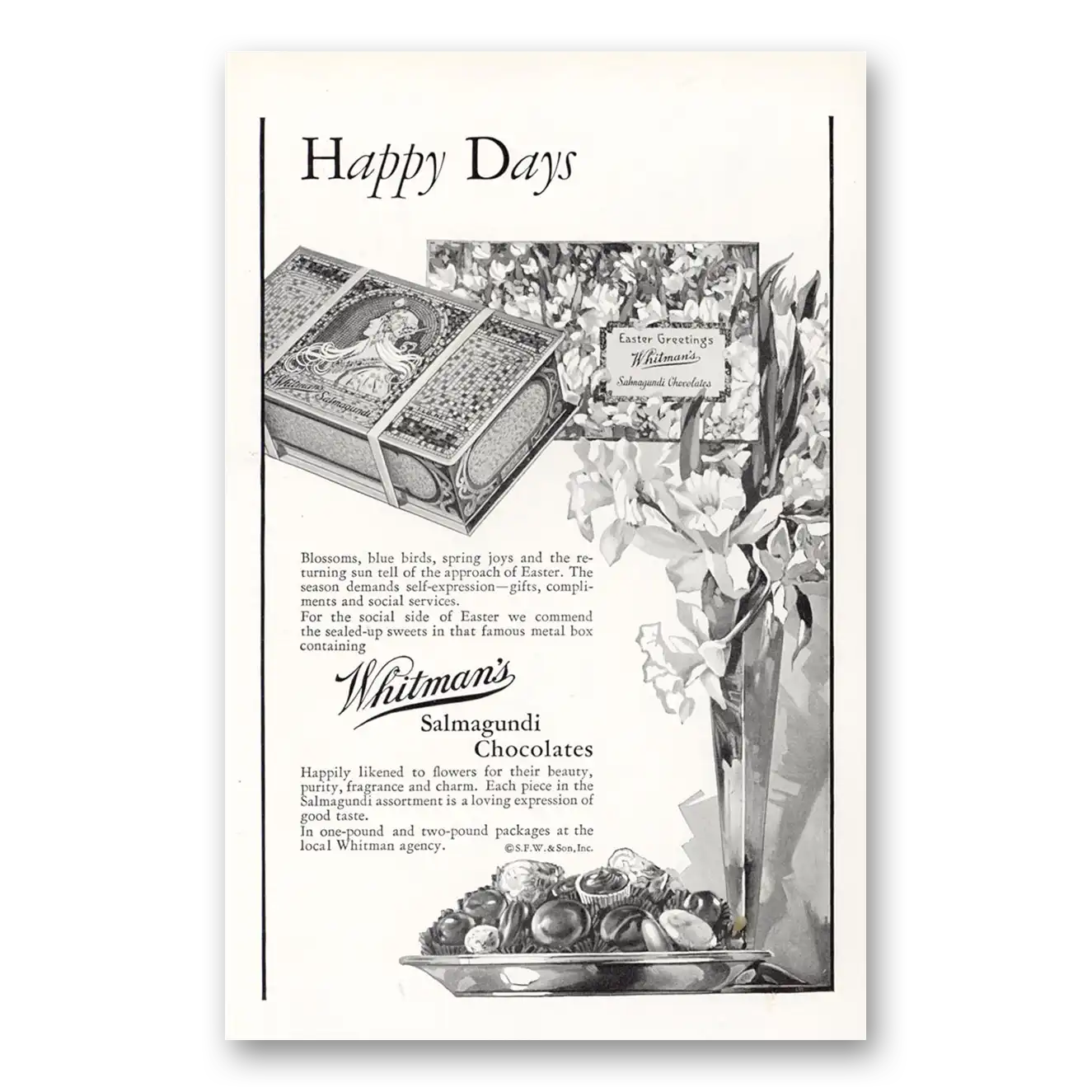 1929 Whitmans Chocolates Salmagundi Chocolates Happy Days Vintage Magazine Print Ad