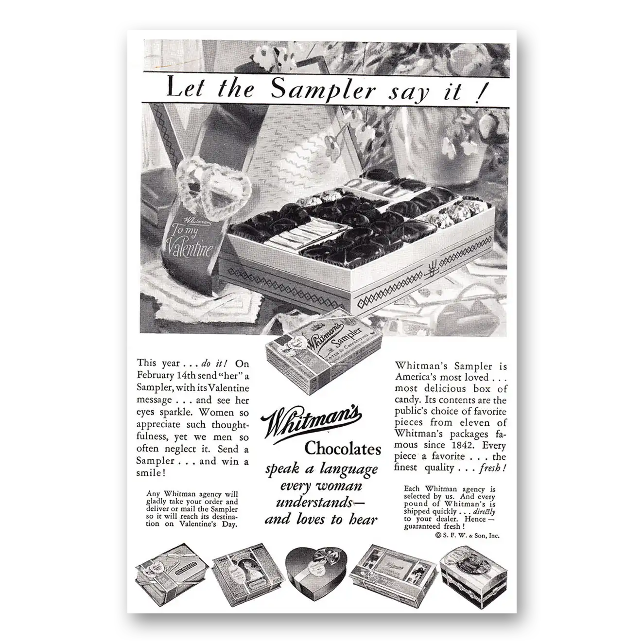 1929 Whitmans Chocolates Let the Sample Say It Vintage Magazine Print Ad