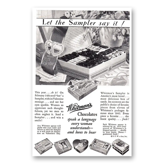 1929 Whitmans Chocolates Let the Sample Say It Vintage Magazine Print Ad