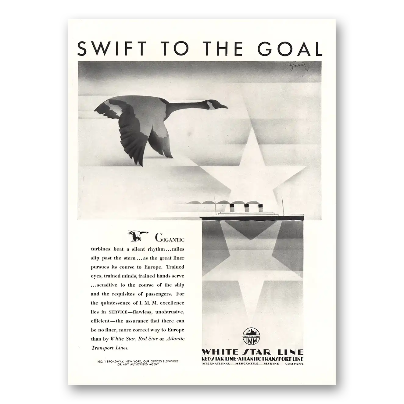 1929 White Star Line Swift to the Goal Vintage Magazine Print Ad