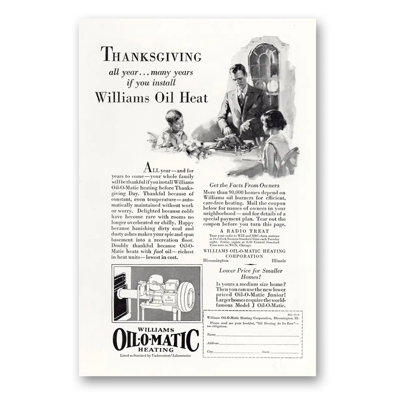 1929 Williams Oil-O-Matic Thanksgiving All Year Vintage Magazine Print Ad