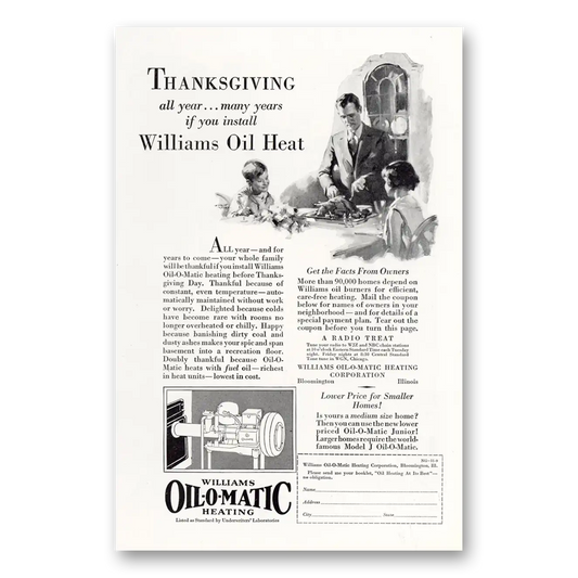 1929 Williams Oil-O-Matic Thanksgiving All Year Vintage Magazine Print Ad