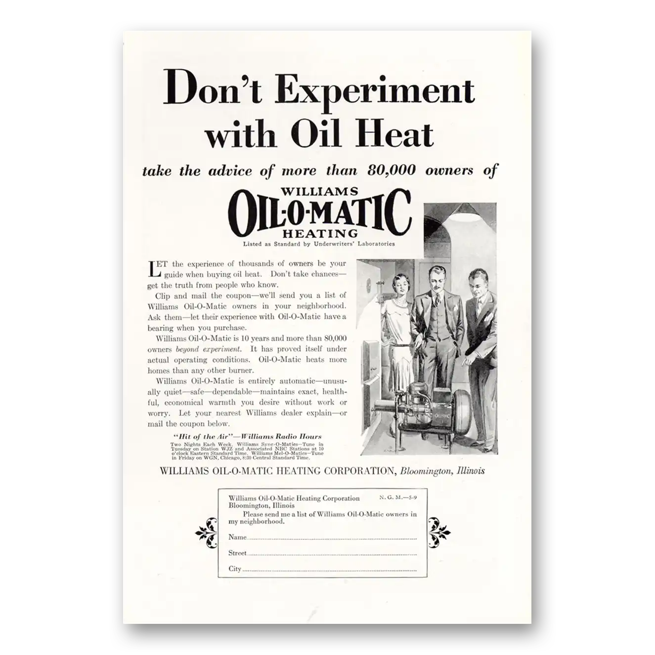 1929 Williams Oil-O-Matic Don’t Experiment With Oil Heat Vintage Magazine Print Ad