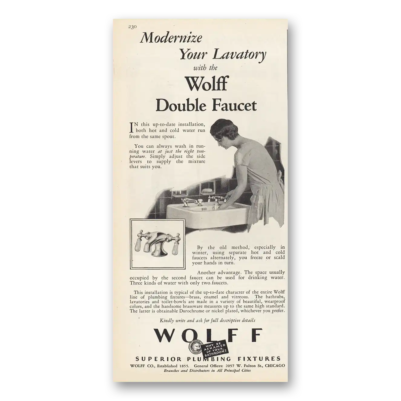 1929 Wolff Superior Plumbing Fixtures Double Faucet Vintage Magazine Print Ad