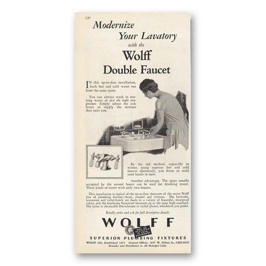 1929 Wolff Superior Plumbing Fixtures Double Faucet Vintage Magazine Print Ad