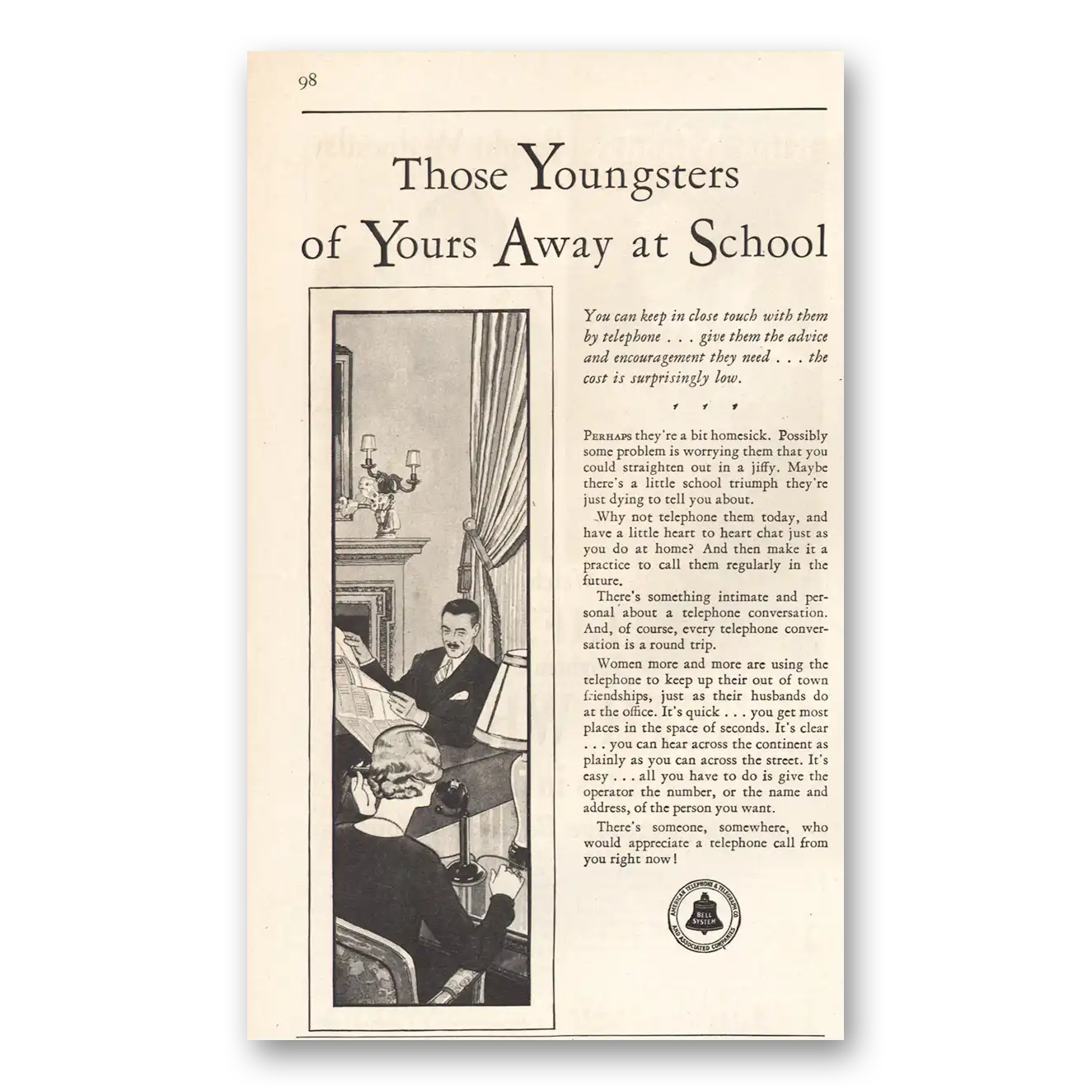 1930 American Telephone Youngsters of  Yours Away at School Vintage Magazine Print Ad