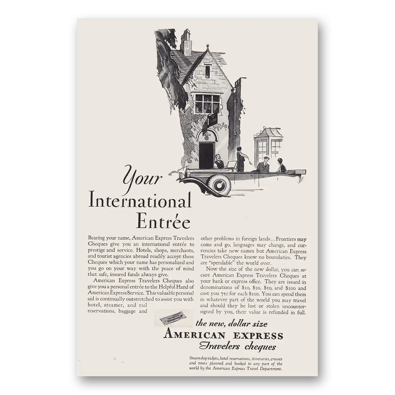 1930 American Express Travelers Cheques Your International Entree Vintage Magazine Print Ad