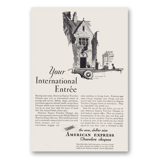 1930 American Express Travelers Cheques Your International Entree Vintage Magazine Print Ad