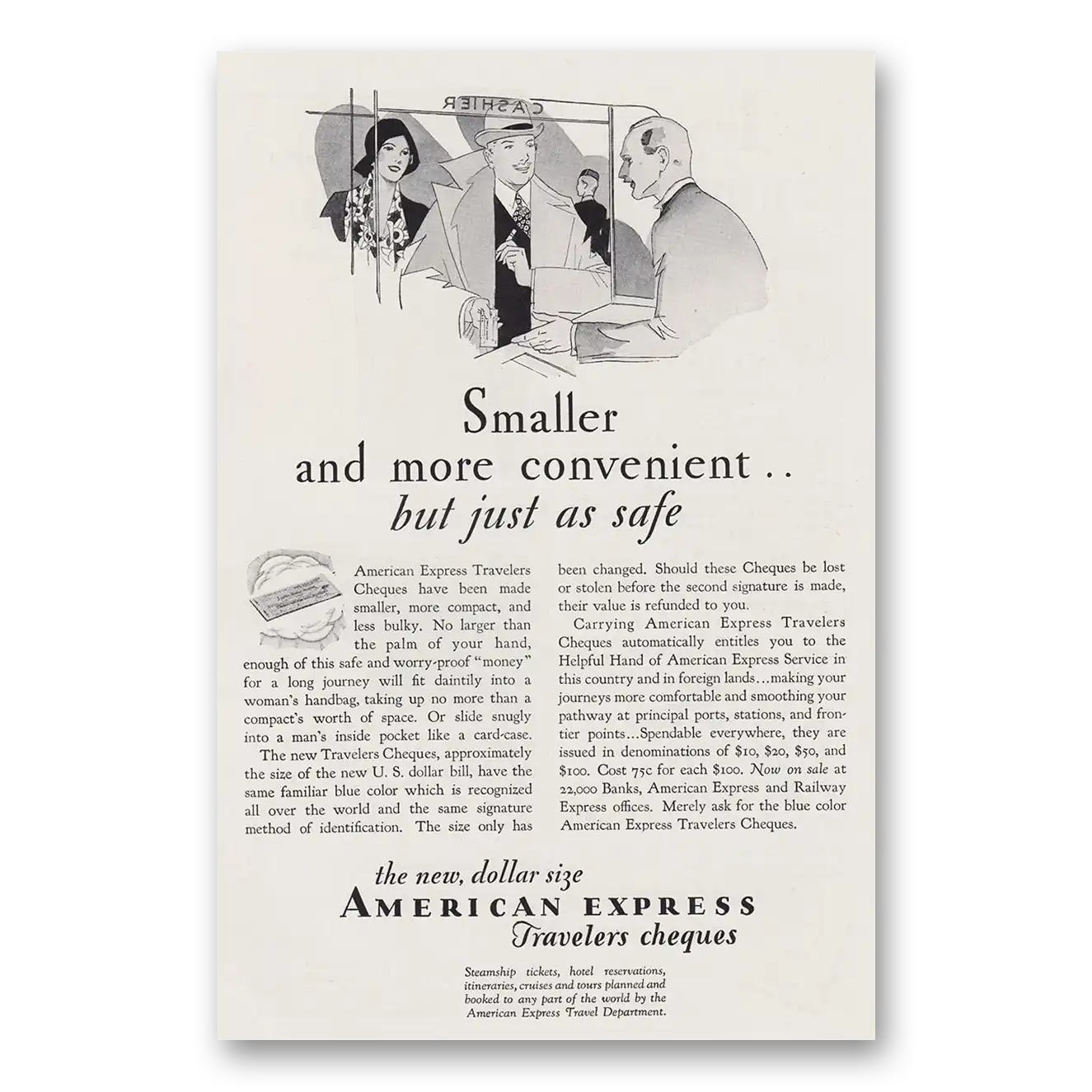 1930 American Express Travelers Cheques Smaller and More Convenient Vintage Magazine Print Ad