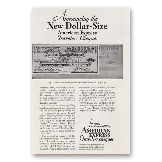 1930 American Express Travelers Cheques New Dollar Size Vintage Magazine Print Ad