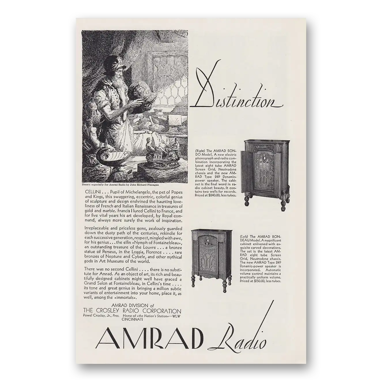 1930 Amrad Radio Distinction Cellini Pupil of Michelangelo Vintage Magazine Print Ad