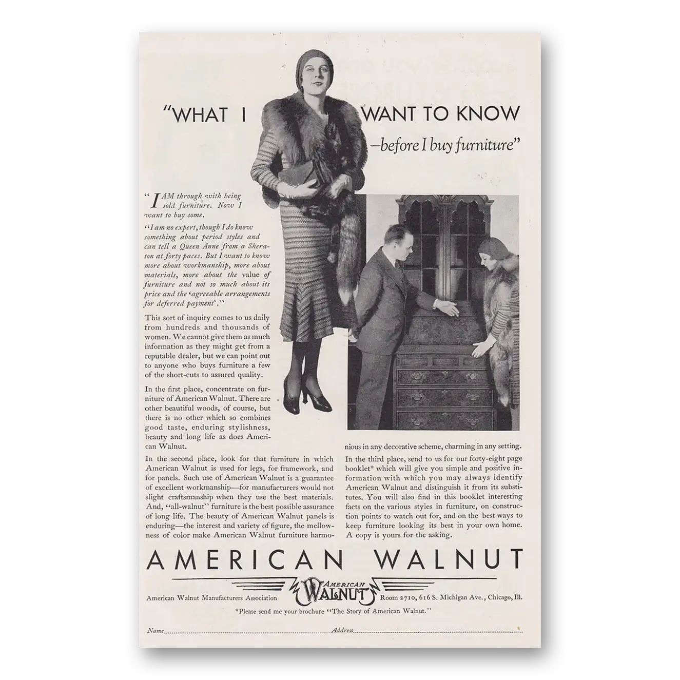 1930 American Walnut What I Want to Know Before I Buy Furniture Vintage Magazine Print Ad