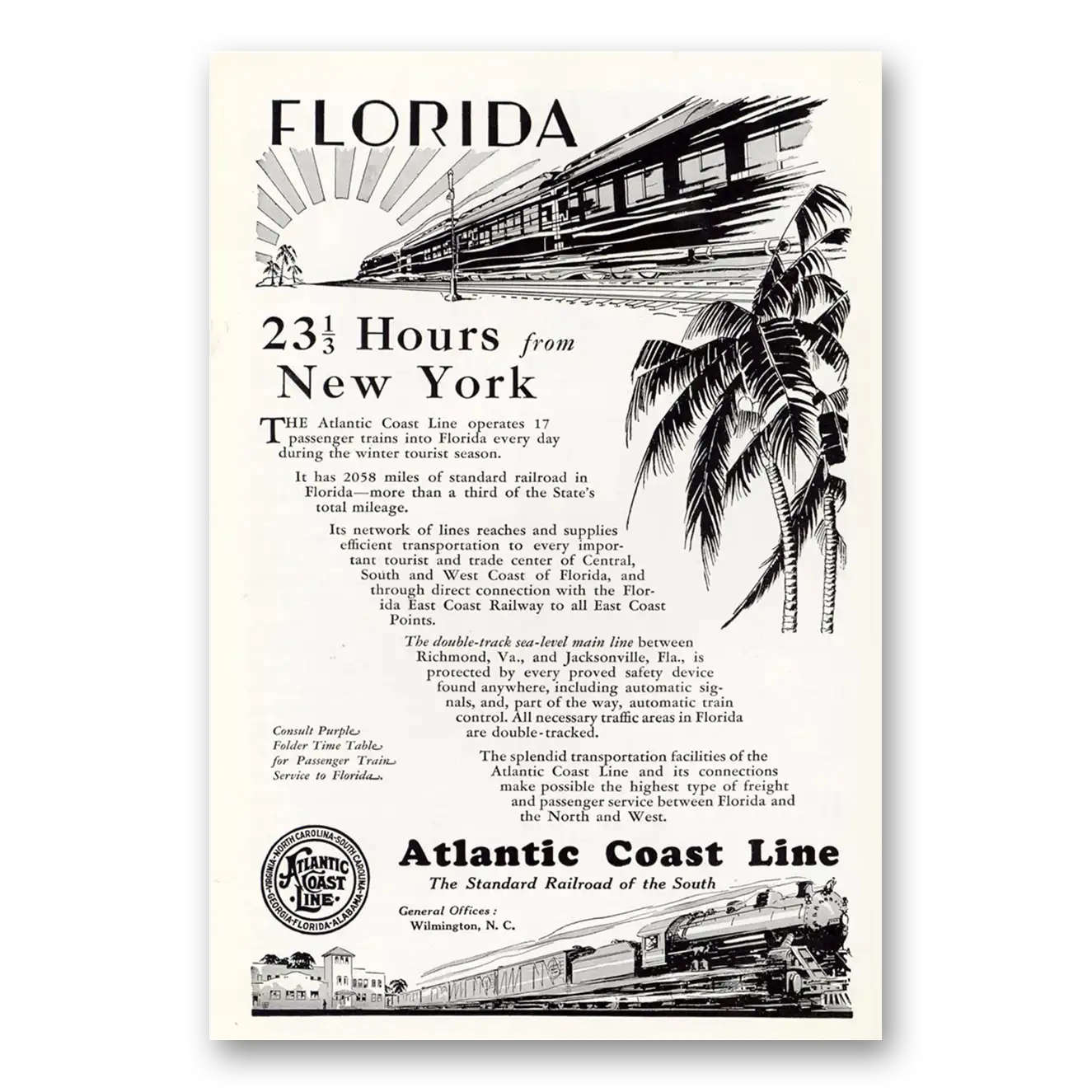 1930 Atlantic Coast Line Railroad Florida 23 1/3 Hours From New York Vintage Magazine Print Ad