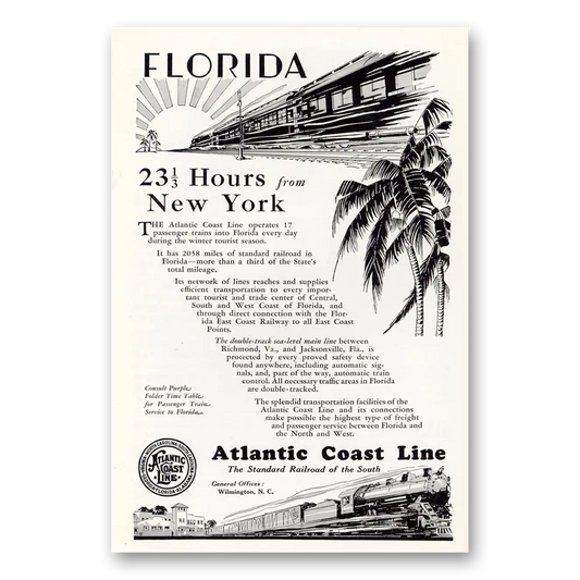 1930 Atlantic Coast Line Railroad Florida 23 1/3 Hours From New York Vintage Magazine Print Ad