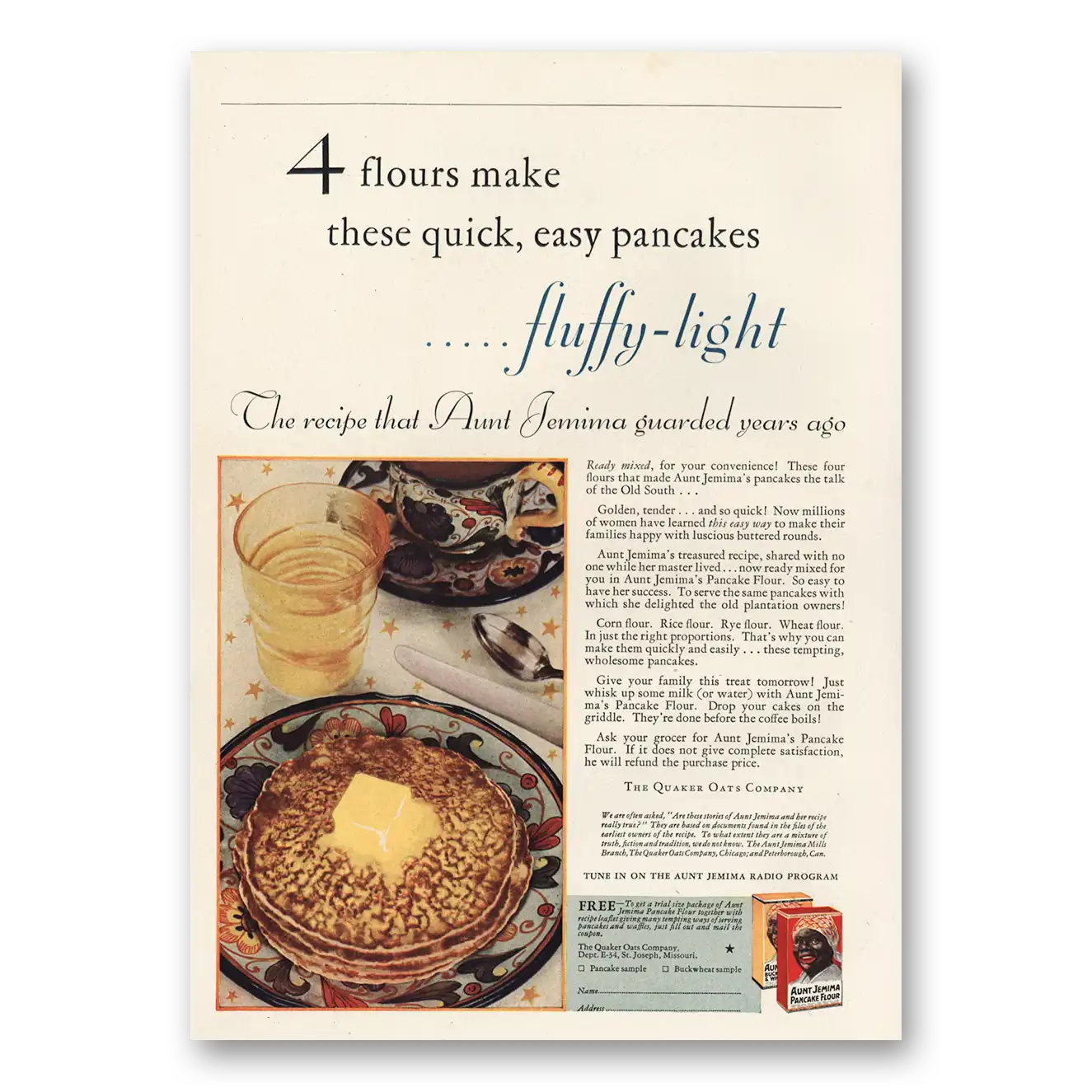 1930 Aunt Jemima Pancake Flour Fluffy Light Vintage Magazine Print Ad