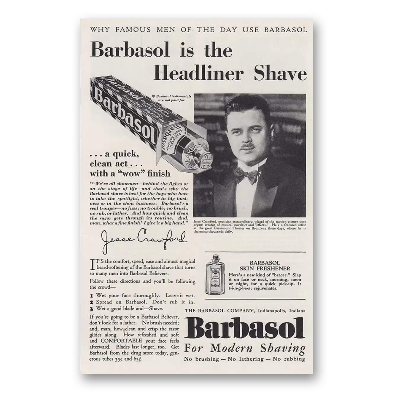 1930 Barbasol Shaving Cream Jesse Crawford Headliner Shave Vintage Magazine Print Ad