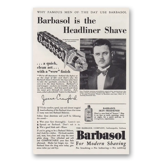 1930 Barbasol Shaving Cream Jesse Crawford Headliner Shave Vintage Magazine Print Ad