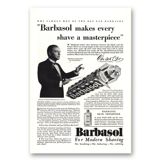 1930 Barbasol Shaving Cream Makes Every Shave a Masterpiece Vincent Lopez Vintage Magazine Print Ad