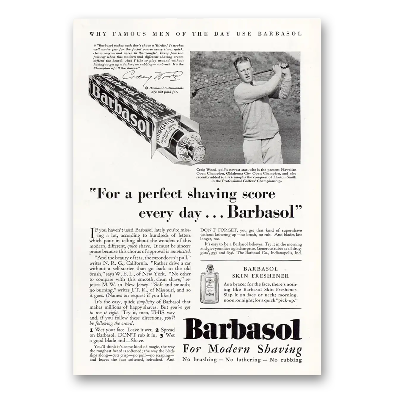 1930 Barbasol Shaving Cream Craig Wood Golfs Newest Star Vintage Magazine Print Ad