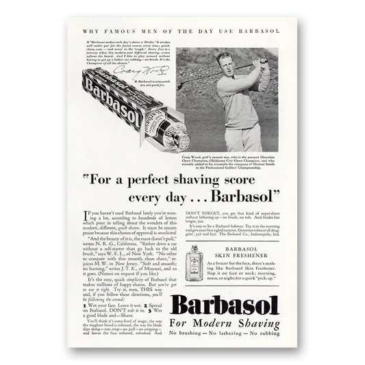 1930 Barbasol Shaving Cream Craig Wood Golfs Newest Star Vintage Magazine Print Ad