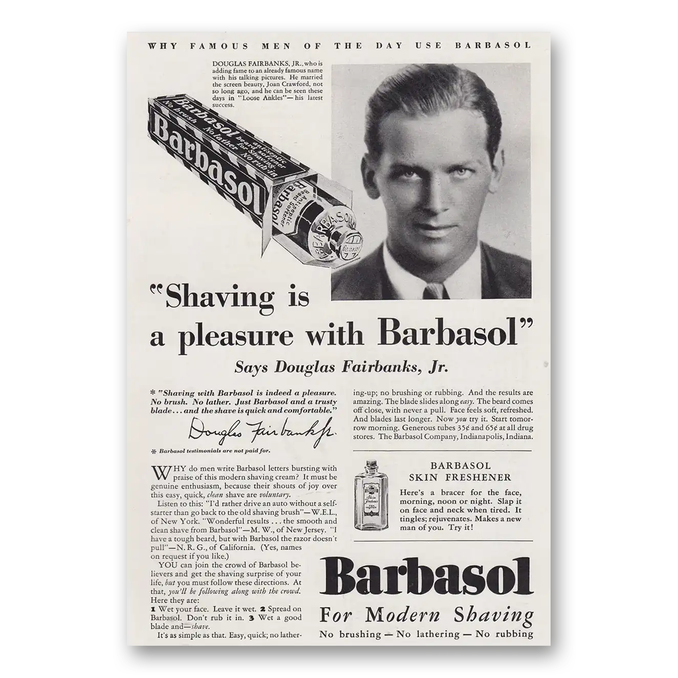 1930 Barbasol Shaving Cream Shaving is a Pleasure Douglas Fairbanks Jr Vintage Magazine Print Ad