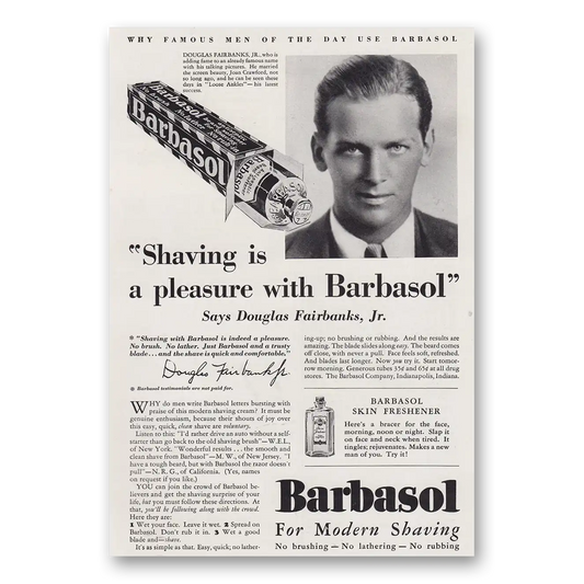 1930 Barbasol Shaving Cream Shaving is a Pleasure Douglas Fairbanks Jr Vintage Magazine Print Ad