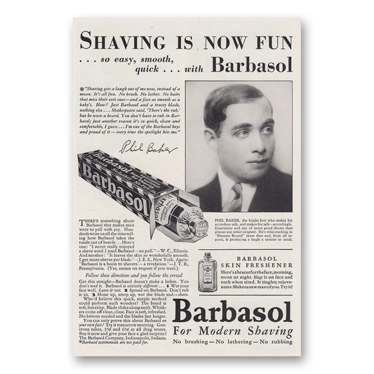 1930 Barbasol Shaving Cream Shaving Is Now Fun Phil Baker Accordion Vintage Magazine Print Ad