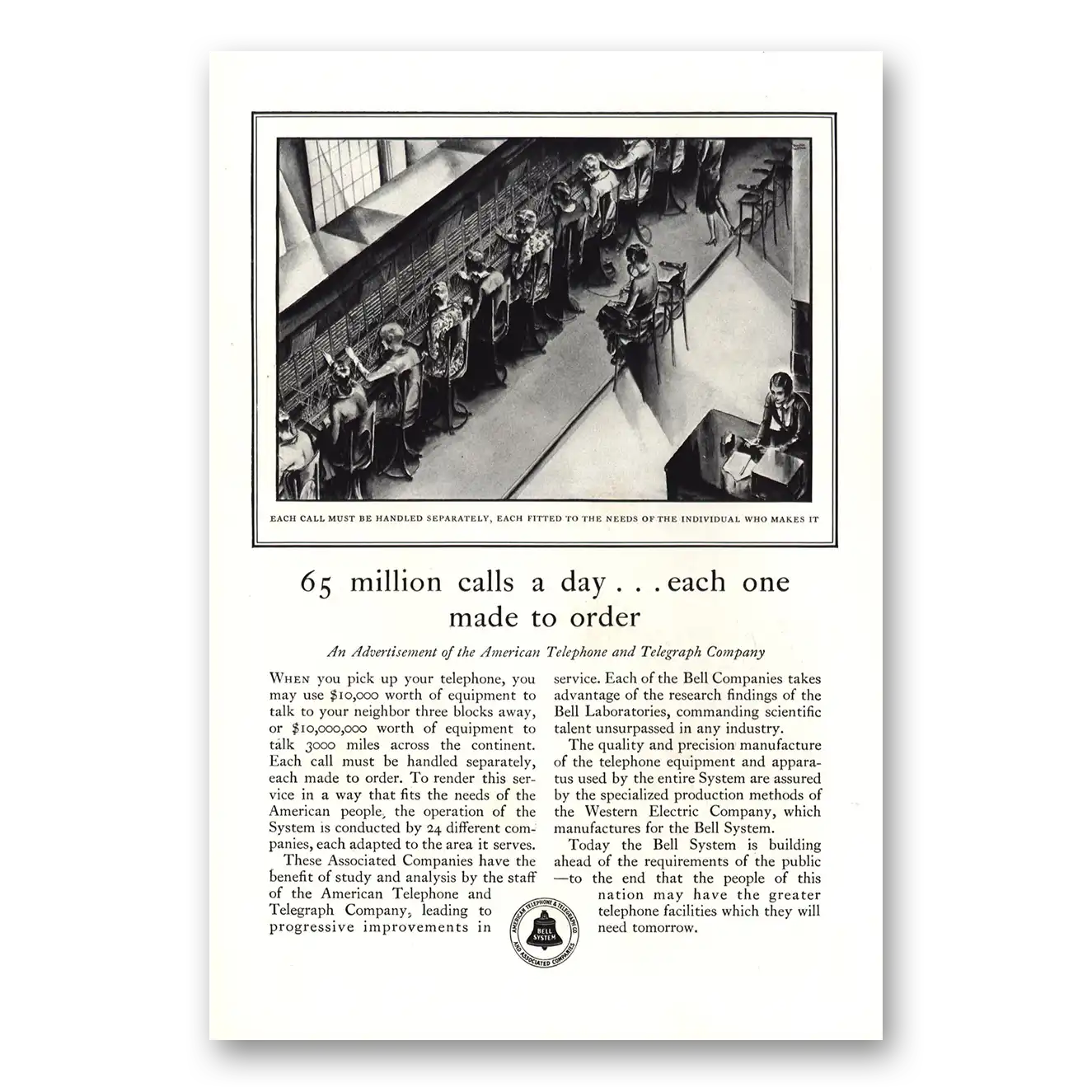 1930 American Telephone Million Calls a Day Vintage Magazine Print Ad