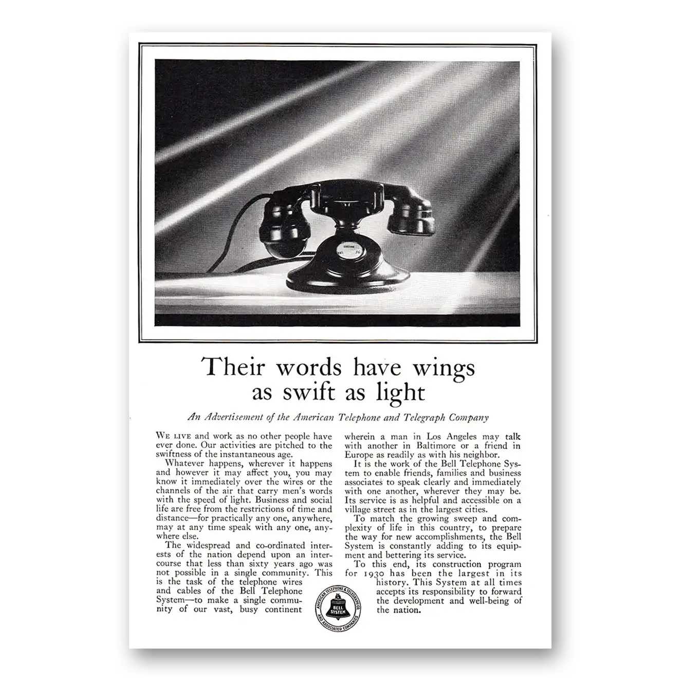 1930 American Telephone Their Words Have Wings as Swift as Light Vintage Magazine Print Ad