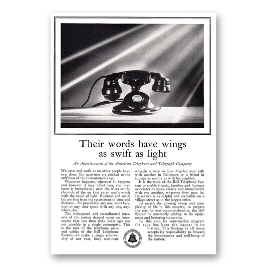 1930 American Telephone Their Words Have Wings as Swift as Light Vintage Magazine Print Ad