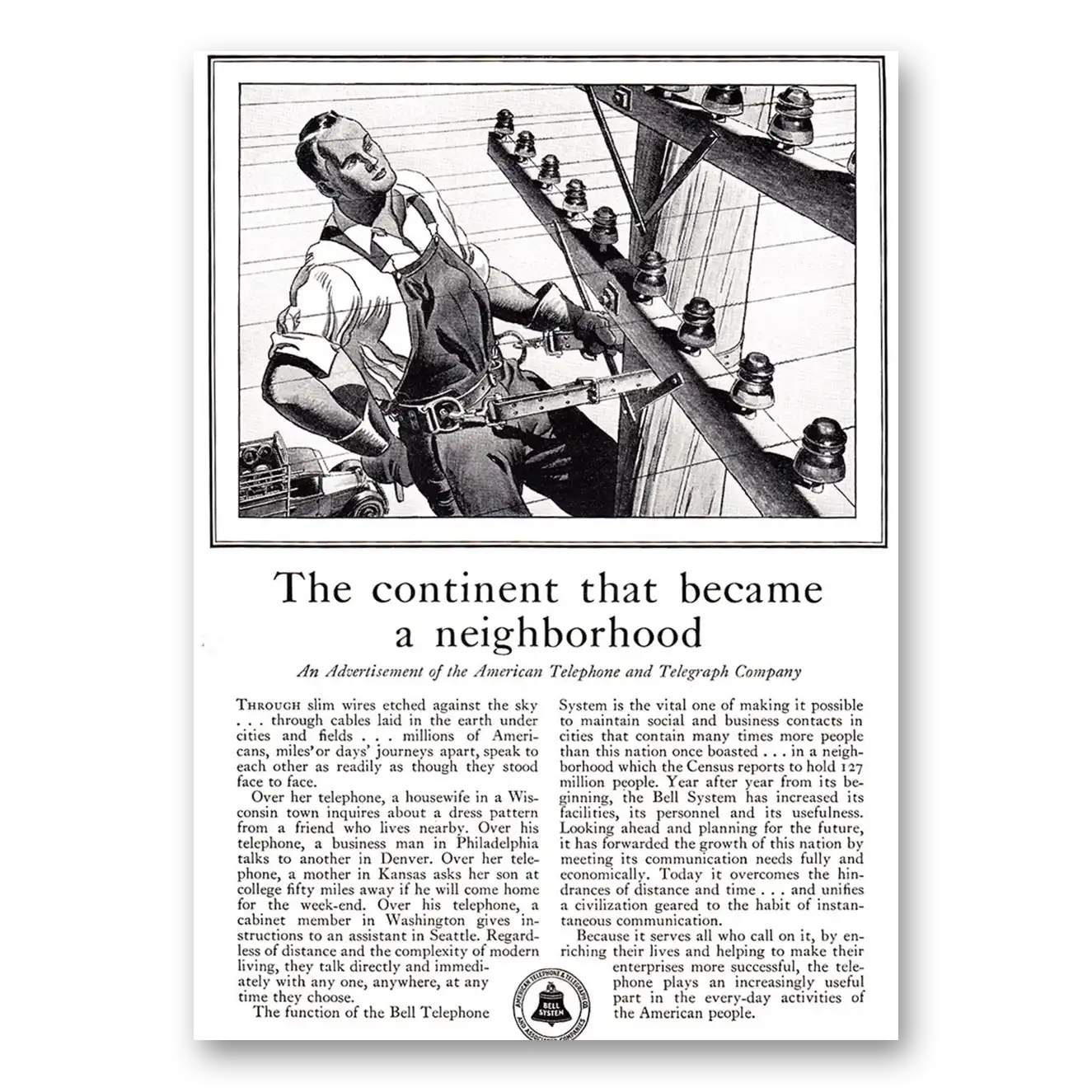 1930 American Telephone Continent That Became a Neighborhood Vintage Magazine Print Ad