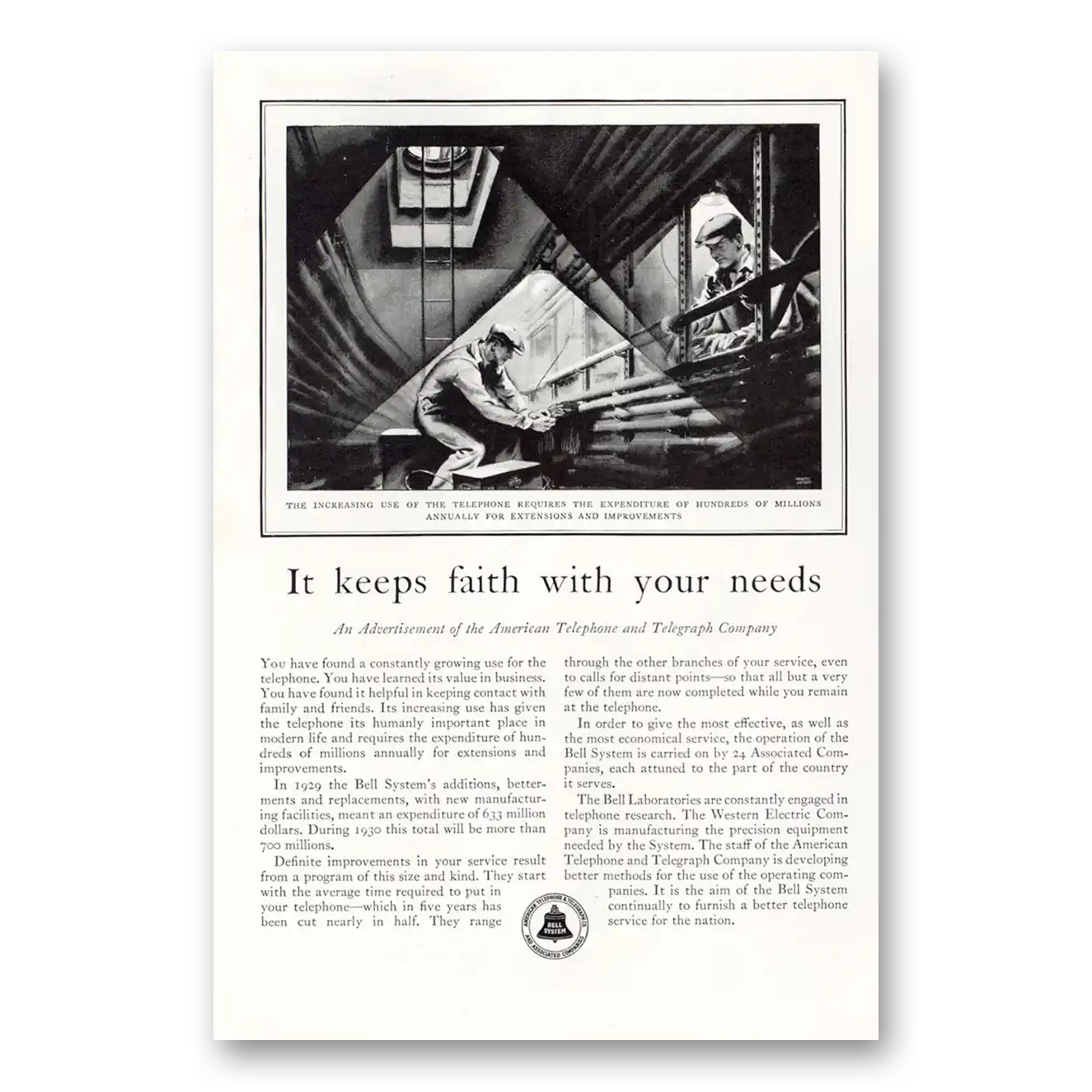 1930 American Telephone Keeps Faith With Your Needs Vintage Magazine Print Ad