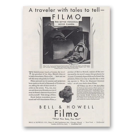 1930 Filmo Camera Traveler With Tales to Tell Vintage Magazine Print Ad