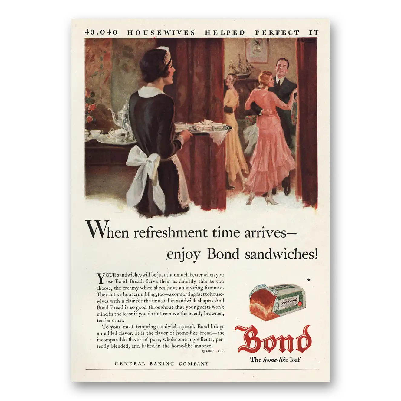 1930 Bond Bread When Refreshment Time Arrives Vintage Magazine Print Ad