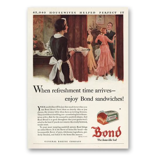 1930 Bond Bread When Refreshment Time Arrives Vintage Magazine Print Ad