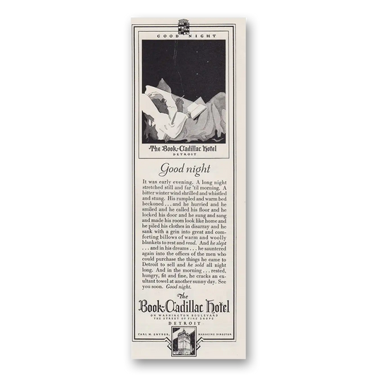 1930 Book Cadillac Hotel Good Night It Was Early Evening Vintage Magazine Print Ad