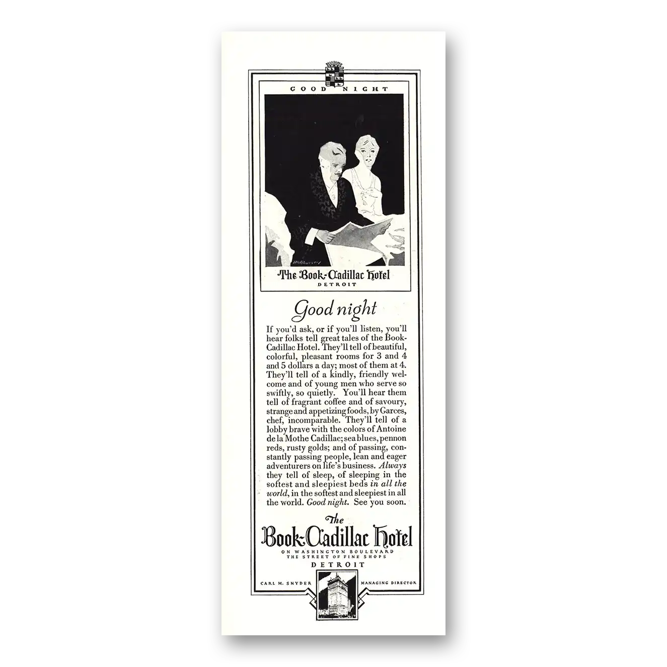 1930 Book Cadillac Hotel Good Night Detroit Vintage Magazine Print Ad