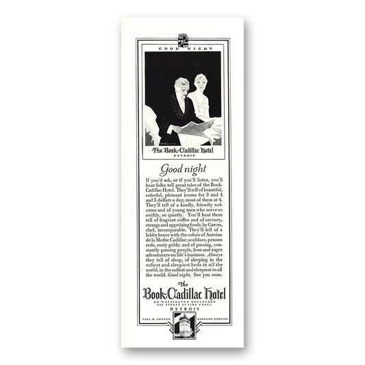 1930 Book Cadillac Hotel Good Night Detroit Vintage Magazine Print Ad