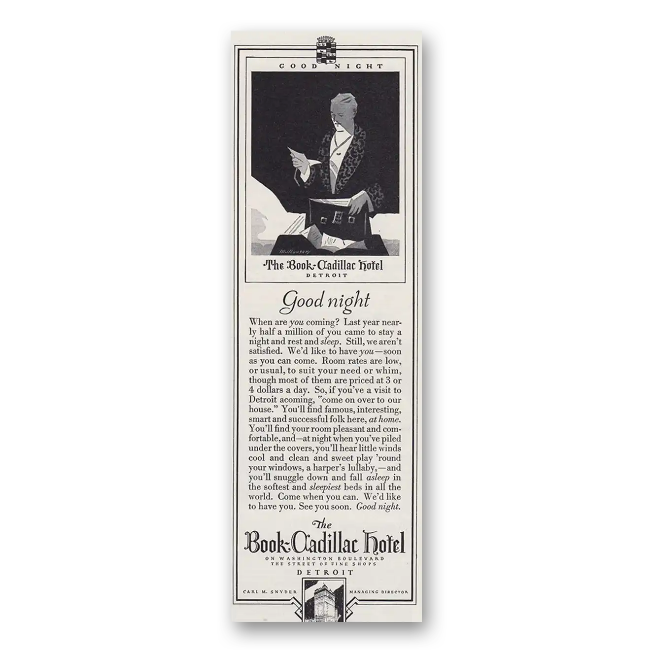 1930 Book Cadillac Hotel Good Night When Are You Coming Vintage Magazine Print Ad