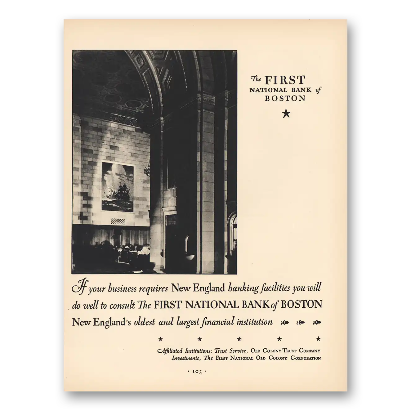 1930 First National Bank of Boston New England Banking Facilities Vintage Magazine Print Ad