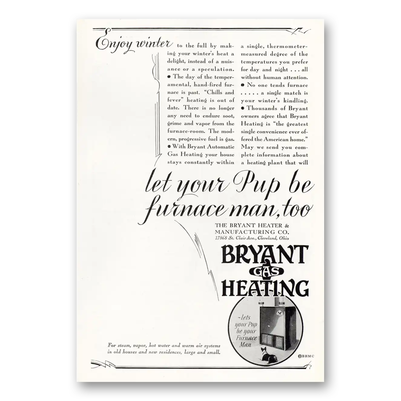 1930 Bryant Gas Heating Let Your Pup Be Furnace Man Vintage Magazine Print Ad