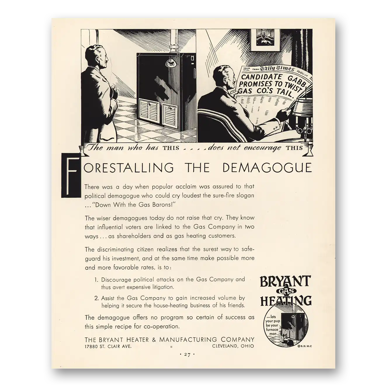 1930 Bryant Gas Heating Forestalling Demagogue Vintage Magazine Print Ad