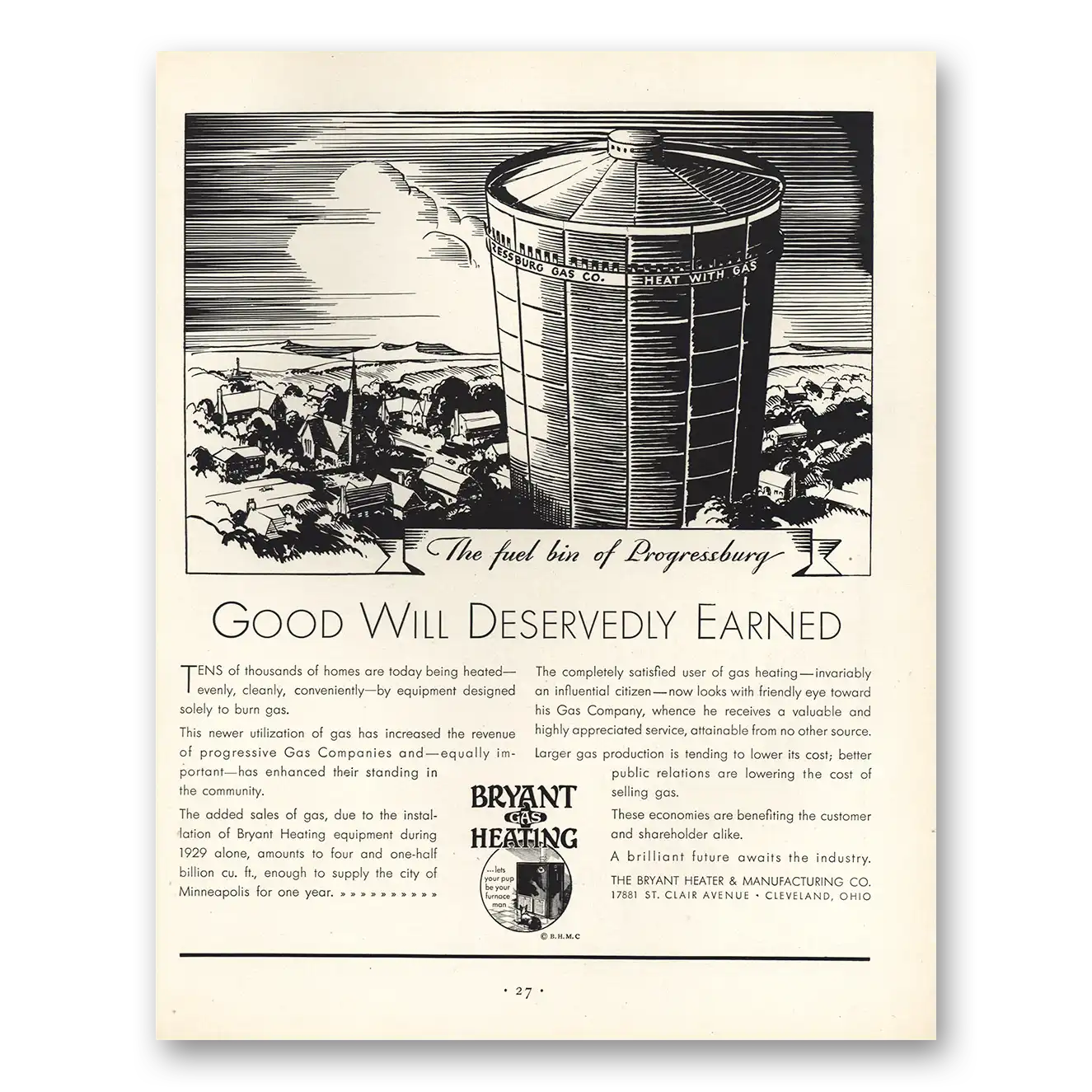 1930 Bryant Gas Heating Fuel Bin Progressburg Vintage Magazine Print Ad