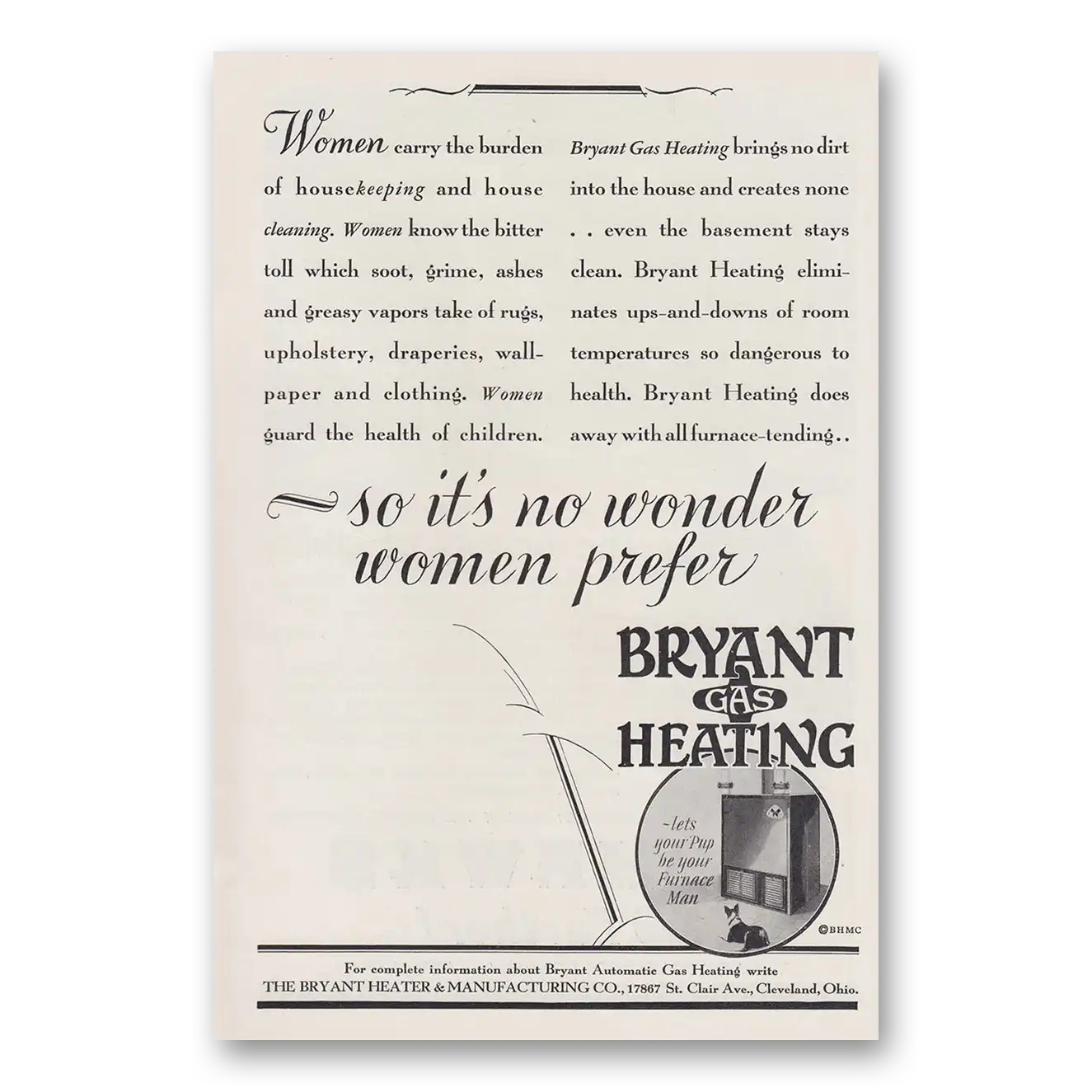 1930 Bryant Gas Heating No Wonder Women Prefer Vintage Magazine Print Ad