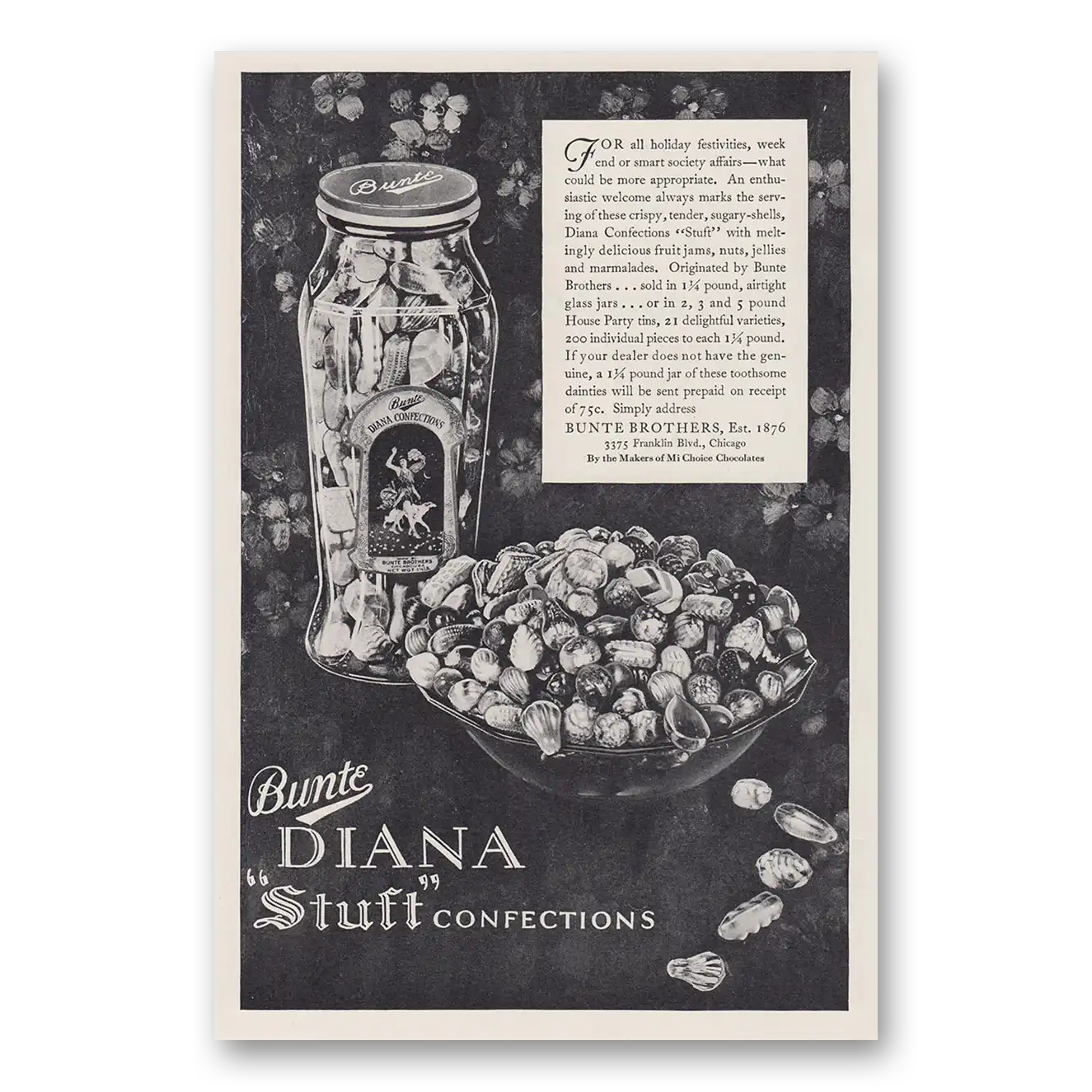 1930 Bunte Mi Choice Chocolates Diana Stuft Confections Holiday Festivities Vintage Magazine Print Ad